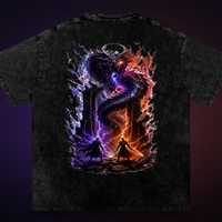The World Eater — back: Vex and Kael side by side before the void-eyed serpent, on a black oversized tee, relic-lit. VoidForge Apparel.