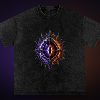 The World Eater — front: the split-eye sigil (violet void, ember fire) on a black oversized snow-wash tee, relic-lit. VoidForge Apparel.